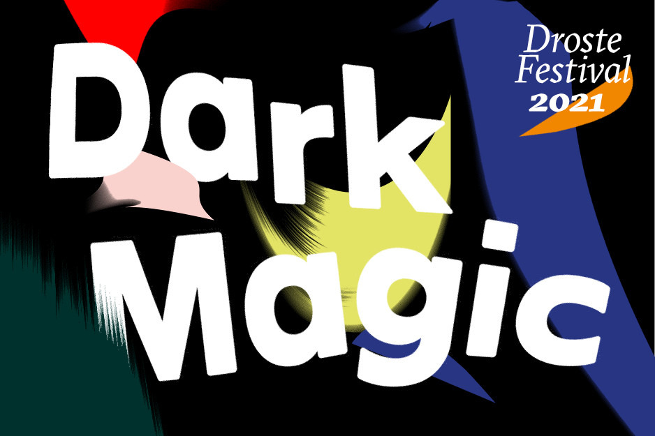 Symbolbild aus dem Design des Festivals. Grafik mit schwarzem Hintergrund, bunten, abstrakten Elementen und wei&szlig;er Schrift: Dark Magic - Droste Festival 2021